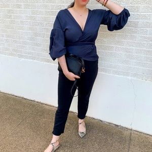 Navy satin deep Vneck wrap blouse 3/4 puffy sleeve